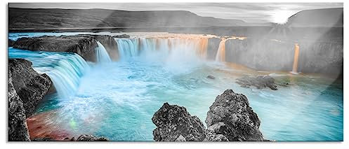 Pixxprint Glasbild Panorama, Wandbild aus Echtglas, Goðafoss bei Sonnenuntergang, 120x50 cm, inkl. Aufhängung und Abstandshalter
