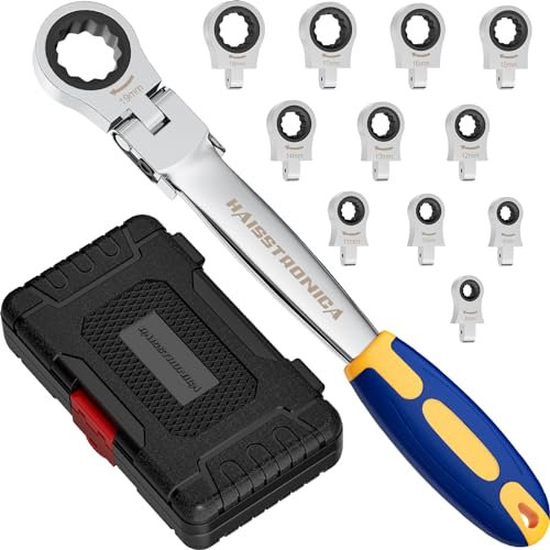 haisstronica Clé à cliquet à changement rapide – Clé à cliquet 12 en 1 à tête flexible avec engrenage 72 dents Têtes remplaçables de 8 à 19 mm, ensemble d'outils pour voiture, meubles ou machines