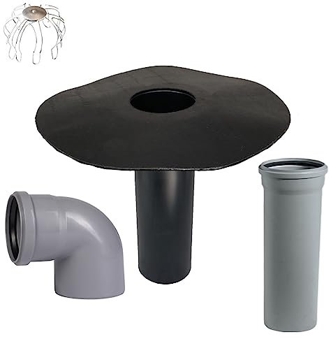 Flachdachablauf DN 100/110 Set inkl. Laubfangkorb wahlweise mit Bogen und HT-Rohr, Bitumen-Flansch, Dachgully, Einlauf, Dachentwässerung (87° Bogen + 150 mm HT-Rohr)