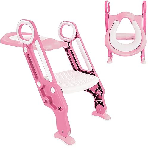 Crystals Potty Training Toilet Seat, Baby Toilet Seat for Toilet Training, Adjustable Toddler Toilet Seat and Step with Step Ladder & Padded Seat, Potty Training Seat for Kids, Boys, Girls (Pink)