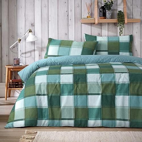 Olivia Rocco Glencoe Check Duvet Cover Set Easy Care Bedding Quilt Covers Polycotton Bed Linen with Pillowcases, Single Green