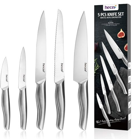 hecef Messerset, Edelstahl Messer mit Ergonomischem Hohlgriff, Einteilige Konstruktion, 5-tlg Küchenmesserset Scharf| Profi Kochmesser, Brotmesser, Schneidemesser, Allzweckmesser, Gemüsemesser, Silber
