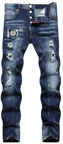 CABULE Indigo Paint Frayed Hole Men's Jeans Embroidered Men's pants-blue-36