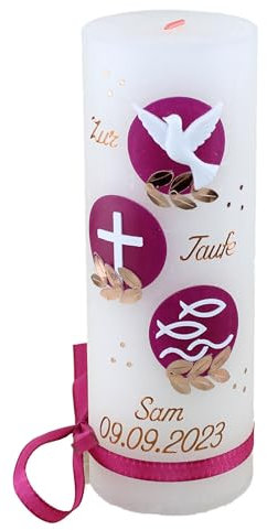 Cerziies® Taufkerze Rustik SAM Junge oder Mädchen mit Name und Datum, individuell und handverziert 2158, Variante:Glasteelichteinsatz