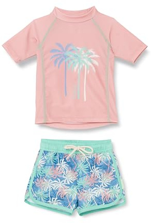 Playshoes Unisex Kinder UV-Schutz Bade-Set zweiteilig Schwimmshirt Badeshorts Badebekleidung, Palmen Koralle, 74/80
