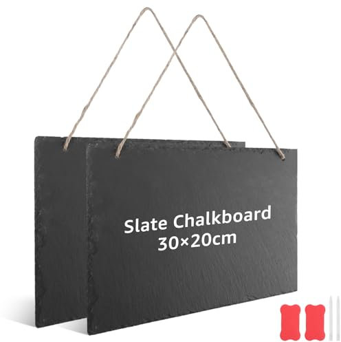 ZOFUN 2 Stück Kleine Schiefertafel zum Beschriften & Aufhängen, 30x20CM Wetterbeständige Memoboard, Blackboard Küchentafel Wand Notiztafel mit chwamm
