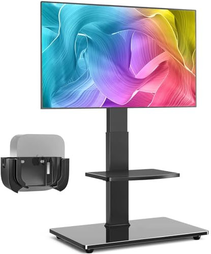 Rfiver Floor TV Stand with Mount for 32-70 inch TVs up to 110lbs, 12 Level Height Adjustable & Swivel TV Stand with Dual Storage Shelves, Heavy-Duty Tall TV Stands for Bedroom, Corner, Living Room