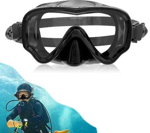 Gafas de Buceo Adulto, Gafas Buceo Unisex Máscara de Buceo con Gran Angular de 180° Visión Panorámica Cristal Templado Cubre Nariz Antifugas y Antivaho para Submarinismo y Natación, Negro
