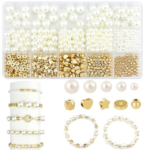 White Gold Polished Beads Making Kit - 800Pcs Spacer and Pearl Set with Storage Box, Clay Charms for DIY Necklace Bracelet Earrings