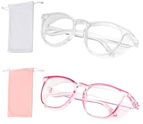 OT-NVWOZR Lot de 2 Lunettes de Protection Travail & sac de stockage, Lunettes de sécurité transparentes avec protections latérale supérieures antibuée anti-rayures femmes hommes Rose + Clair