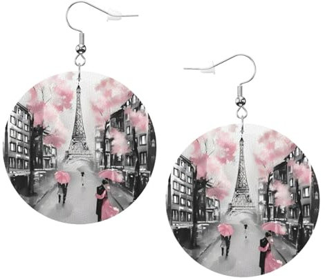Paris Street Eiffelturm-Ohrringe, rosafarbenes Blumenmuster, Leder, runde Ohrringe, leicht und farbecht, Feiertagsparty, Valentinstagszubehör, Damen-Ohrringe, Lederohrringe, Einheitsgröße, Kunstleder