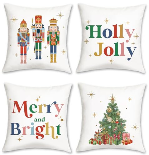 Bonhause 4er Set Kissenbezüge Weihnachten Nussknacker 45 x 45 cm Weihnachtsbaum Merry Bright Dekorative Kissenhülle Zierkissenbezüge für Sofa Schlafzimmer Zuhause Winter Dekoration