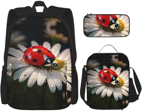 JIUTY Ladybug Flower Rucksack, 40,6 cm, Schulbüchertasche mit Lunchbox, große Rucksäcke für Grundschule, Vorschule, 3 Stück, Schwarz , Einheitsgröße, Schulranzen-Set
