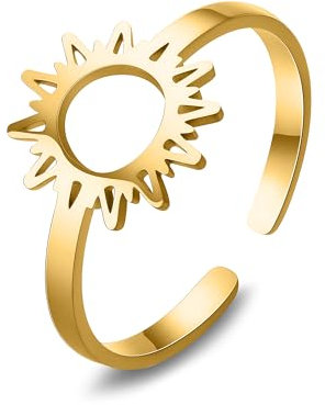 Unimooie Sonne Ring für Frauen Damen Wasserdicht Beständig Edelstahl mit Gold Veredlung Ring Barocker Sonne Ring Geburtstage Strände Urlaub Täglich Tragen Ring