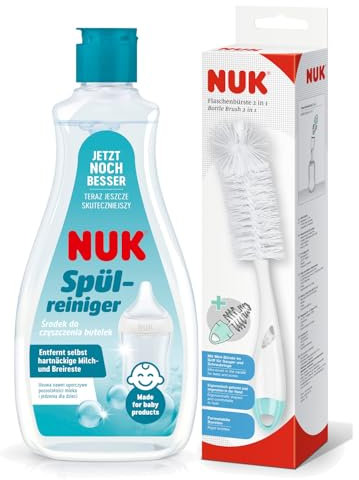 NUK Reinigungsset zur gründlichen Reinigung von Babyflaschen, Saugern & mehr | Spülreiniger 500 ml & 2in1 Flaschenbürste | entfernt hartnäckige Milch- und Breireste | frei von Duft- und Farbstoffen