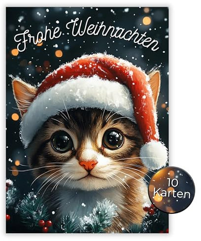 HIDEBLOOM Weihnachtskarten Set Katze - 10 Stück - DIN A6 (10,5 cm x 14,8 cm) - Weihnachtspostkarten ohne Umschlag - Postkarten Weihnachten - Weihnachtskarte Katze