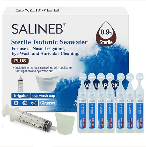 Salineb Sterile Isotonic Sea Water for Topical Irrigation 0.9% Nasal Hygiene Ocular Hygiene Auricular Rinsing Cleansing Wounds Preservative Free Pack of 40 X 5ml Vials