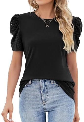 IECCP Ladies Summer Short Puff Sleeve Tops Eyelet Lace T Shirts for Women UK Casual Casual Loose Blouses(Black,M)