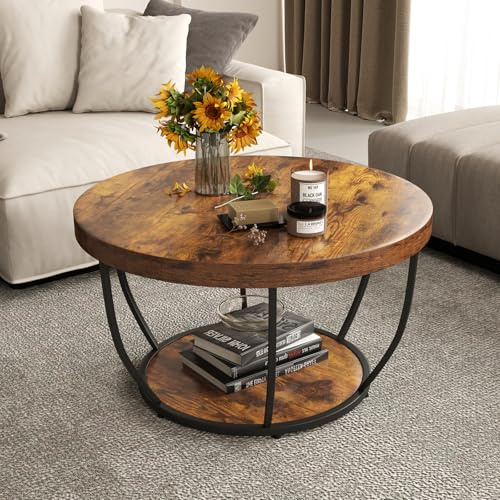 GIANTEX Runder Couchtisch mit 2 Ebenen, 80 x 80 x 45 cm, Wohnzimmertisch mit Holzoptik und Metallgestell, eleganter Nachttisch für Schlafzimmer, Büro (Braun)