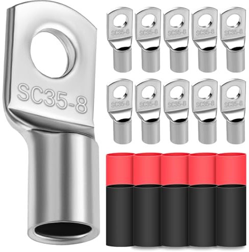 10 capicorda 35 mm², diametro foro M8, capicorda ad anello, in rame ispessito, non isolato, con 10 tubi termoretraibili 3: 1