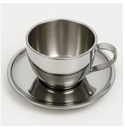 Stainless Steel Double Wall Coffee and Tea Cup with Saucer – Insulated Metal Mug Set – Reusable Teacups, Saucers & Mugs for Latte, Cappuccino, Milk Tea – Modern Rustproof Drinkware for Home & Office