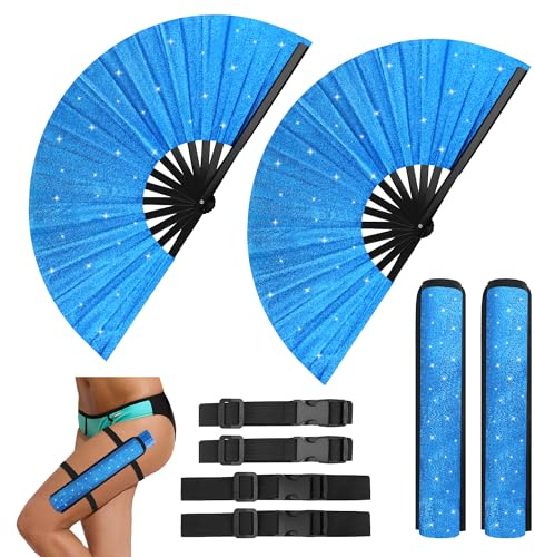 Windspeed 2PCS Glitter Large Rave Folding Clack Hand Fan, 34 cm Long Shiny Line Dancing Hand Popping Fan with 2 Waist Belt/Sleeves for Dance Decoration(Blue)