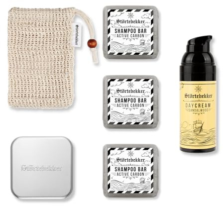 Störtebekker® Premium Dusch Routine Set - Festes Shampoo Active Carbon (x3), Sisalsäckchen, Seifendose + Tagescreme - Shampoo Bar Set für Haare/Duschpflege - Handgefertigt in Seifenmanufaktur