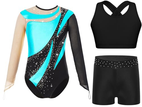 Sinleey 3-teiliges Gymnastikanzug Mädchen Turnanzug Langarm Kinder Leotard Tanz Ballet Mit Shorts und BH Sports Gymnastik Outfit Sport Fitness Set Kostüm