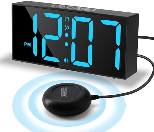 Lafocuse Lauter Vibrationswecker für Tiefschläfer/Schwerhörige/Gehörlose, Digitale Wecker 7,4 Zoll Große Anzeige, Helligkeit Regelbar, 4 Lautstärken, 12/24HR, Snooze für Schlafzimmer