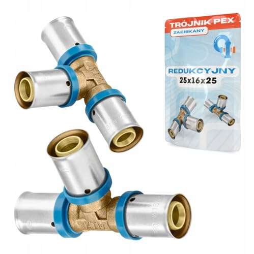 Rimex Pressfitting PEX T-Stück Reduzierstück Pressfitting, Trinkwasser & Heizung, U-Kontur, Messing, Edelstahlhülse, 1 Stück (25x16x25mm)
