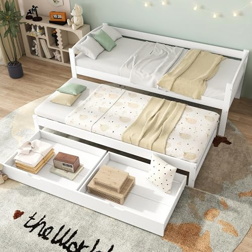 DACHETOU Cama individual y doble, color blanco, 200 x 90 cm/190 x 90 cm, cama deslizante con ruedas inferiores, con 2 cajones de MDF, marco de madera maciza, sin colchón