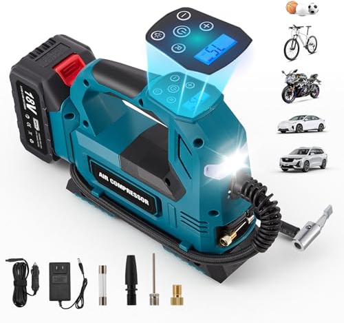 Compresor de aire digital de 150 PSI con luz LED de trabajo y función de parada automática, bomba de aire eléctrica para coche, moto, bicicleta y pelotas deportivas, incluye batería de 3,0 Ah y