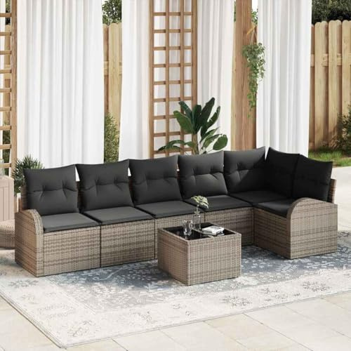 Mandloder Gartensofa-Set Grau Poly-Rattan, Langlebiges Outdoor Lounge-Set mit Stahlrahmen, UV-beständig, Modulares Design für Terrasse und Balkon, 6-Sitzer mit Kissen, Pflegeleicht