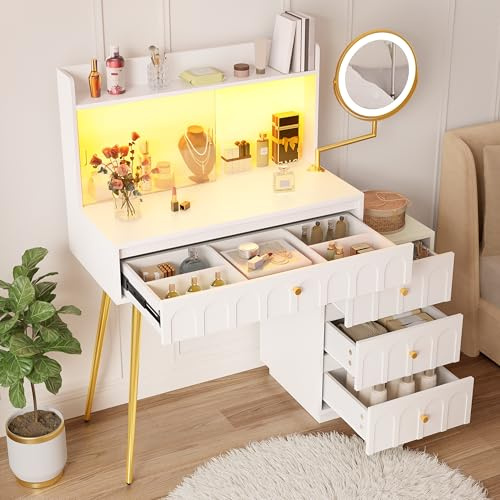Moimhear Tocador con espejo LED giratorio y puertas correderas de cristal, juego de tocador con 4 cajones espaciosos, tamaño: 112 x 40 x 116 cm, color blanco y dorado