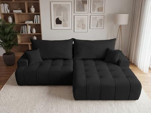 GRAINGOLD Tulio Ecksofa mit Schlaffunktion und Bettfunktion, 270x165 cm, L-Form Sofa, Schlafcouch für Wohnzimmer, Veloursstoff, 3-Sitzer Eckcouch, Ecksofa mit Stauraum (Schwarz, Rechts)