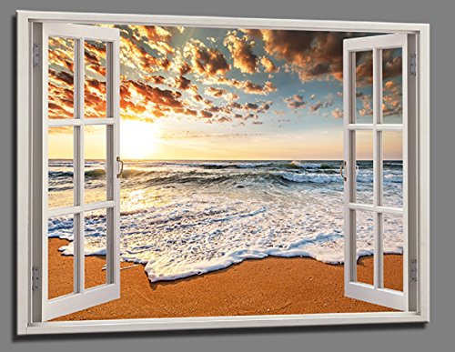 Visario Bild 120 x 80 cm auf Leinwand Strand Beach View Fensterblick 5006-SCT deutsche Marke und Lager - Die Bilder/das Wandbild/der Kunstdruck ist fertig gerahmt