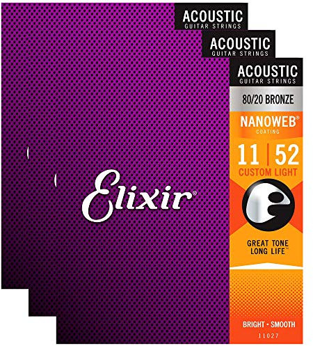 Elixir 11027 Acoustic 80/20 Nano Custom Light 11-52 (3 Pack Bundle)