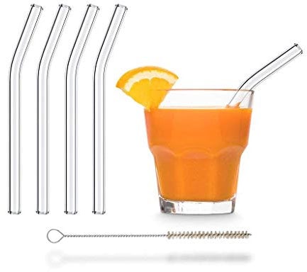Halm Glass Drinking Straws Reusable Sippers - 4 Pieces Short Bent 15 cm + Plastic-Free Cleaning Brush - Dishwasher Safe - Eco-Friendly - Glass Sippers for Tumblers Cocktail Glasses