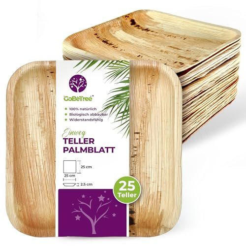 GoBeTree Assiettes Jetables en Feuille de Palmier, 25 Assiettes carrées de 25 cm pour Barbecues et Pique-niques, Résistantes comme le Bambou, Plus Solides que le Papier
