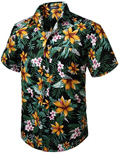 HISDERN Men Funky Hawaiian Floral Shirts Short Sleeve Front Pocket Holiday Summer Aloha Printed Beach Casual Black Orange Hawaii Flower Shirt L