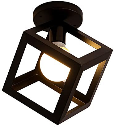 Mengjay Trade E27 Metal Moderne Suspensions Luminaire, Lampe de Plafon Vintage Abat-jour de Style Géométrique en Fer Noir, Rétro Industrielle Plafonnier Forme Cage, Pour Chambre Salon Restaurant (B)