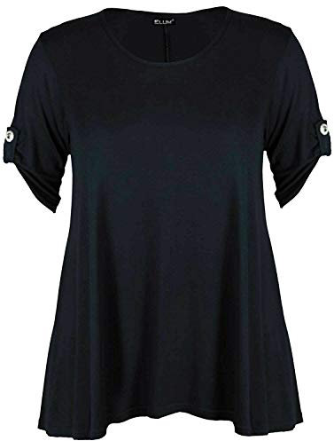 Colop Womens Short Turn Up Sleeves Button Ladies Flared Swing Dress Long Top UK 14-28 (Black, 22-24)