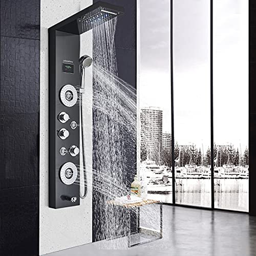 TVTIUO Colonna Doccia Nera Idromassaggio LED con Miscelatore in 304 Acciaio Inox,5 Funzioni con Soffione a Pioggia, Getti da Massaggio, Doccetta e Bocca Vasca,Pannello doccia a parete