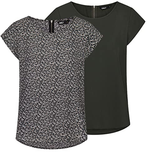 ONLY Tshirt Damen Regular Fit ONLVIC 2er Pack Rundhals Kurzarm Bluse Top Sommer Basic Muster Einfarbig Schwarz 36, Größe:36, Farbe:Rosin (15284243)