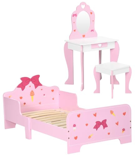 ZONEKIZ 3PCs Kids Bedroom Furniture Set Princess Themed for Ages 3-6 Pink | Bed, Dressing Table, Stool
