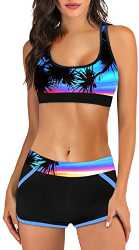 Bikini Damen Sport Push Up Oberteil Polster Badeanzug Zweiteiler Frauen Shorts Bikini Set Pads Strand Schwimmen Bademode 2 Teilig Damen Tankini Set zweiteilig Bauchweg mit Hot Pants (Black-1, M)