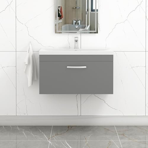 800mm Wall Hung Bathroom Vanity Unit Mid Edge Basin 1 Drawer Storage Cabinet Furniture - Indigo Grey Gloss