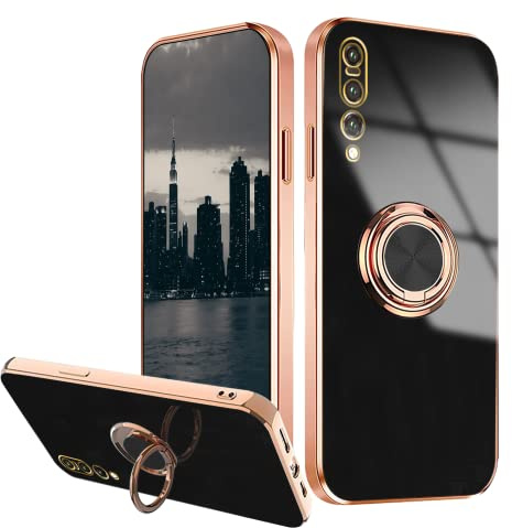 Compatible with Huawei P20 Pro Case Shockproof, Phone Case for Huawei P20 Pro with Stand Plating Rose Gold Edge Cases Soft Protective Case with Ring (Black)