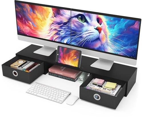 WESTREE Support de double moniteur avec deux tiroirs, rangement extra large pour 2 moniteurs, ordinateur de bureau, ordinateur portable, écran, imprimante, TV