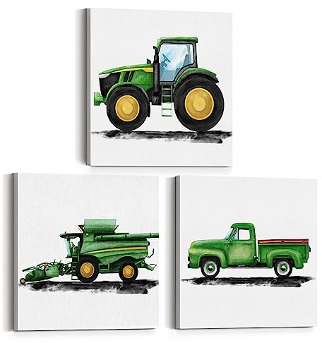 Set mit 3 Traktor, Kinderzimmer, Bauernhoffahrzeuge, Kunst, Leinwand, Wandkunst, gerahmte Gemälde, Drucke, Aquarell, alter Bauernhof, LKW, Poster, Bilder, Wanddekoration für Zuhause, 30.5x30.5 cm